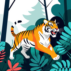Majestic Tiger Illustration-Vibrant Jungle Scene-Wildlife Art Print-Powerful Feline Design-Eye Catching Vector Graphic-Striking Colors and Bold Patterns