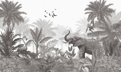 Modern Wildlife Wall Mural: Black & White Elephant & Tropical Forest Background © csinie1