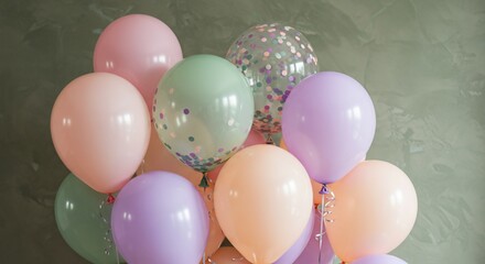 Pastel Colored Balloons Clustered Against a Sage Green Background