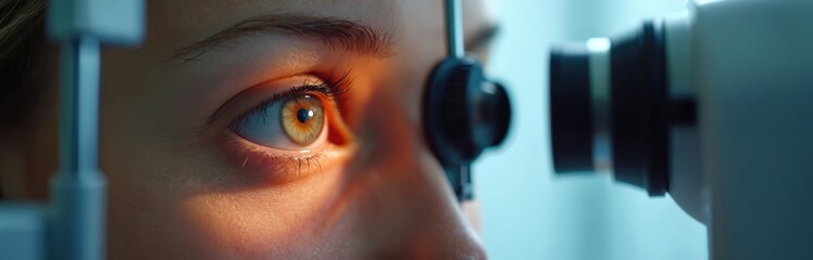 Close-up eye exam with slit lamp in ophthalmology clinic. Doctor checks patient vision, eye health using diagnostic equipment. Checking iris, pupil, lens with optic, light to prevent eye disease,