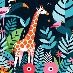 Fototapeta premium Vibrant Jungle Scene with Giraffe-Flamingos and Exotic Flora-Colorful Wildlife Illustration for Kids-Tropical Rainforest Art Print-Animal and Plant Graphic Design