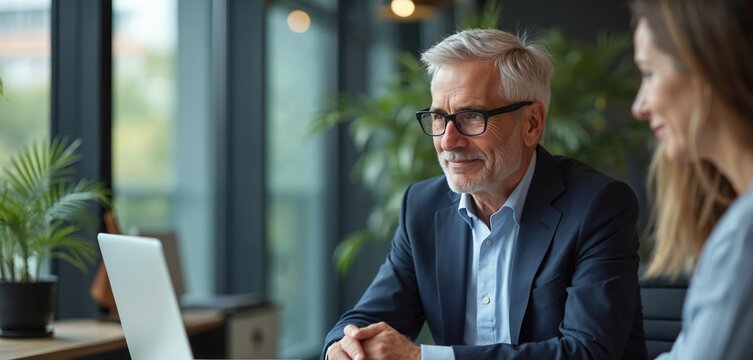 Mature man with glasses, gray hair coaches young woman in modern office. They look at laptop. Successful team discussion, strategy, positive thinking, teamwork.
