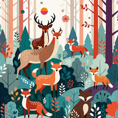 Whimsical Woodland Scene-Foxes Deer and Colorful Trees in a Forest-Charming Illustration for Nature Lovers-Animal Art for Kids Room-Autumn Forest Animals Illustration