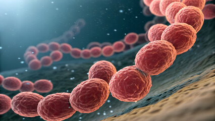 Chain of streptococcus bacteria cells shown in a microscopic view