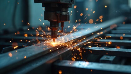 Metalworking machine cuts steel rod. Sparks fly from cutting tool. Industrial manufacturing process. Metallic material. Sparks, heat, fire. Workshop, factory. Production, tech and machinery.