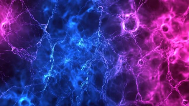 Abstract animation of neural network activity, with blue and magenta vibrant colors
