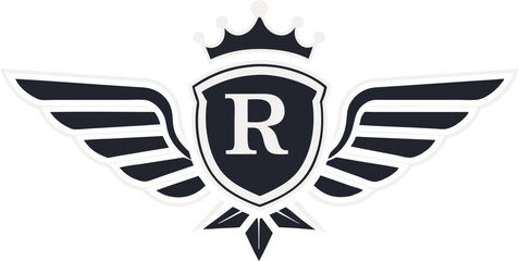 Logo with royal crown and shield featuring letter R and wings vector illustration.