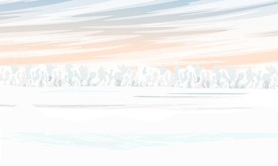 Winter meadow with forest on the horizon. Snow-covered field. Realistic vector winter landscape