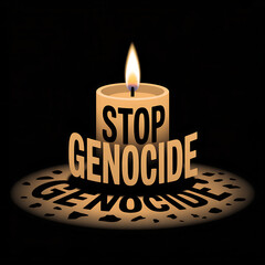 Stop Genocide Candle: Lit candle with "Stop Genocide" etched &ndash; Symbol of remembrance