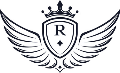 Logo with royal crown and shield featuring letter R and wings vector illustration.