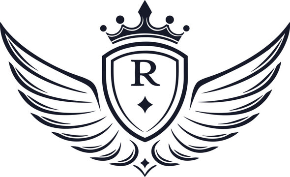 Logo with royal crown and shield featuring letter R and wings vector illustration.