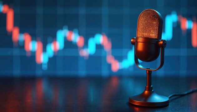 Retro glowing microphone with blue stock market chart background. Podcast audio recording radio report concept. Finance, investment, business analysis, economic news, trading, digital media.