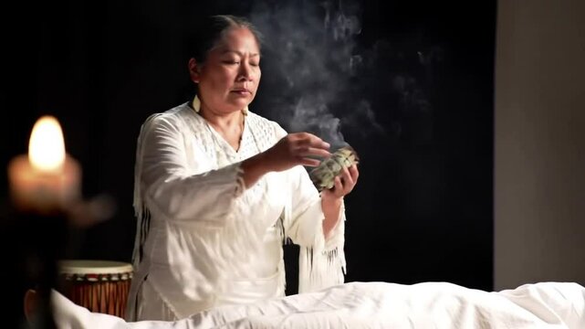 Hyperlocal world traditions: Brazil - Umbanda: incense smoke and purification circle. Person in white performing a smudging ritual with cleansing smoke and soft percussion