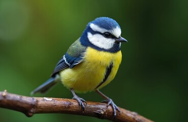 Obraz premium Vibrant blue tit bird perched tree branch. Yellow chest blue head feathers. Wild bird in natural habitat, green bokeh background. Wildlife photography, birdwatching.