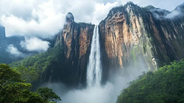Breathtaking Aerial View of Angel Falls Cascading Down Auy�n-tepui Mountain, Venezuela