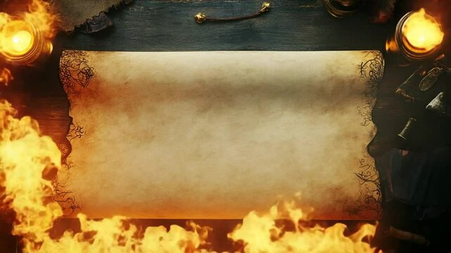 Ancient scroll with fire animation on wooden surface for mystery background theme
