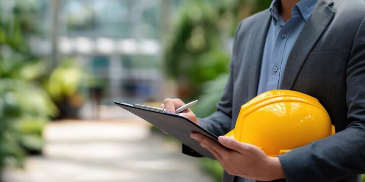Asian male engineer holding yellow helmet and clipboard in greenhouse environment