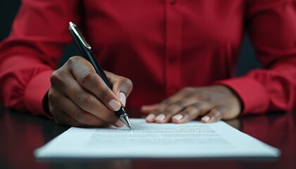 Close-up of hand writing on paper with fountain pen. Person signs legal document, agreement. Red shirt, office desk, business concept, paperwork, contract.
