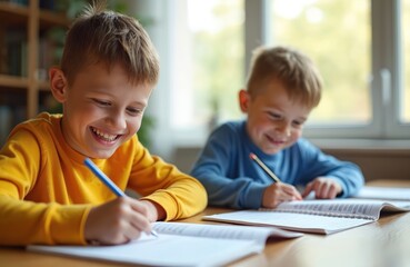 Two boys write, draw in notebook. Elementary school students study at home. Smiling children enjoy learning process, do homework. Concept education, childhood, knowledge, back to school.