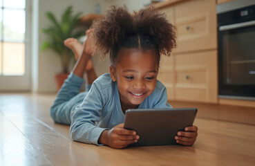 Smiling little African American girl uses digital tablet at home. Happy biracial child plays online. Modern tech, home, lifestyle, learning, education, communication.