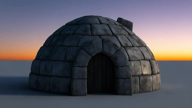 Igloo structure built with snowy blocks with a wood door, for winter accommodation