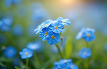 Stunning close-up of forget-me-nots flowers. Delicate blue petals with yellow centers, blooming in nature. Floral art. Symbol of true love, respect. Ideal for romantic projects, spring, summer