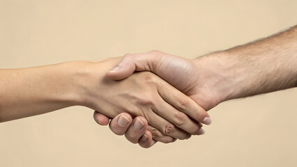 Two people shaking hands in agreement on a neutral background
