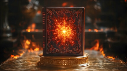 Glowing book with ornate cover design rests on a gold base, fire burns in the background on stone steps
