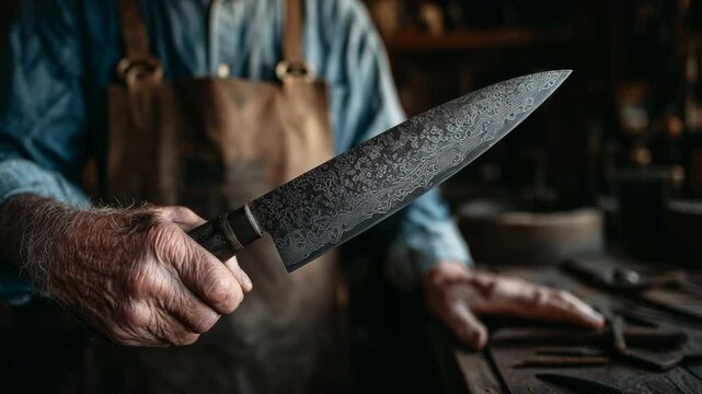 Elderly craftsman in apron holding intricately patterned chef's knife at workbench, camera gently pushing in with shallow depth of field