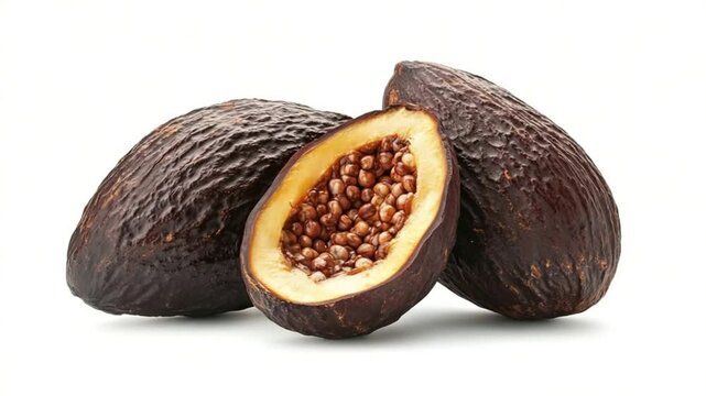 Exotic babaco fruit arrangement, cross-section revealing seeds, with white background