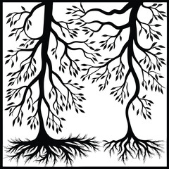 Black Silhouette Tree with Roots and Leaves – Symbolic Nature and Growth Vector Art