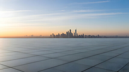 City skyline at dawn viewed from a tiled platform under a gradient sky with a soft light