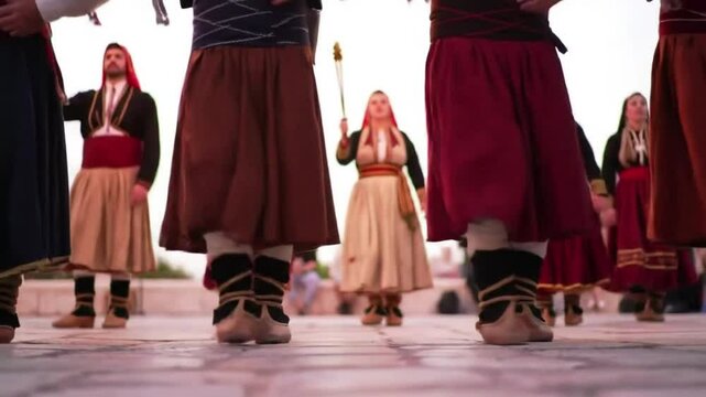 Hyperlocal World Traditions: Traditional Greek dancers in synchronized motion with flowing fabric and rhythmic steps