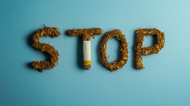 Broken cigarette scattered tobacco with text STOP on a light blue background. Quit smoking concept. Stop smoking. World No Tobacco Day.