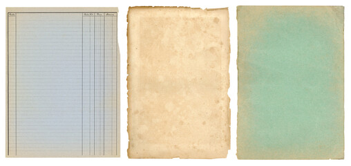 three vintage and antique paper textures, stained with ripped / torn edges and old French ledger paper isolated on white a background, blank textured sheets as backgrounds or collage design elements