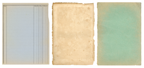 three vintage and antique paper textures, stained with ripped / torn edges and old French ledger paper isolated on white a background, blank textured sheets as backgrounds or collage design elements