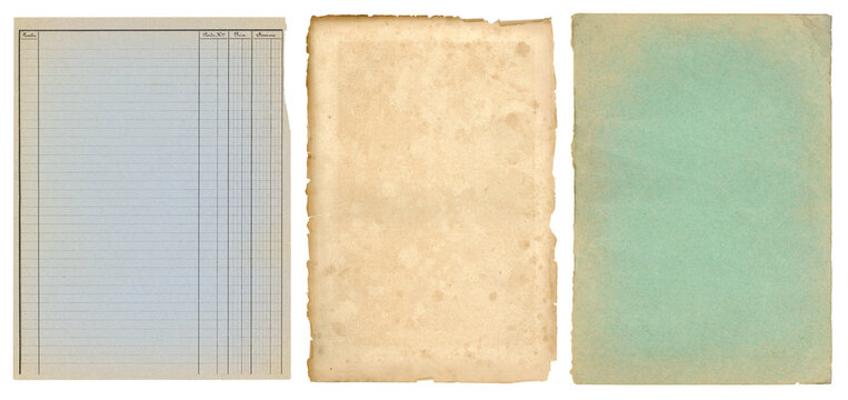 three vintage and antique paper textures, stained with ripped / torn edges and old French ledger paper isolated on white a background, blank textured sheets as backgrounds or collage design elements