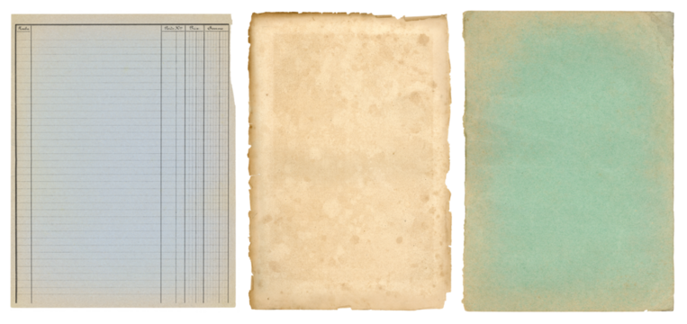three vintage and antique paper textures, stained with ripped / torn edges and old French ledger paper isolated on white a background, blank textured sheets as backgrounds or collage design elements