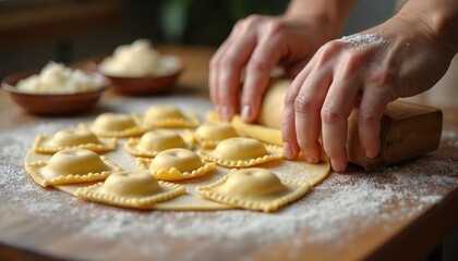 Hands making fresh homemade ravioli pasta on wooden table. Flour, raw dough, rolling pin, cheese, culinary, Italian food, cooking at home. Close-up, top view.