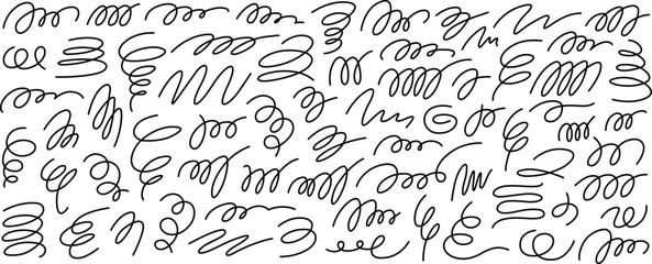 Horizontal rectangular banner filled with thin black contour lines in form of spiral, curls, loops, waves, twisted smooth calligraphic handwritten characters, strokes, signatures. Vector illustration.