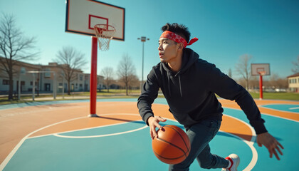 Asian man dribbles basketball on outdoor playground. Athlete practices ball control skills. Sportsman in black hoodie, red headband trains. Basketball hoop in background. Man active lifestyle, hobby,