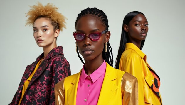 Three diverse women showcase stylish outfits, modern fashion. Bold colors and confident expressions. Portraits of females pose studio. Trendy apparel, glamorous style.