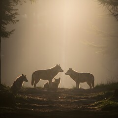 Fototapeta premium Wolves in Foggy Forest
