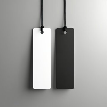 Two bookmark mockups. White, black blank book marks with string. Minimalist design for branding, business, print. Template, product presentation, poster, banner, advertising, promo. Mock up display.