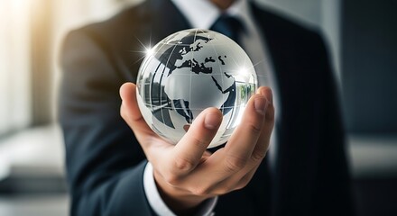 Global Business Strategy Success Businessman Holding Crystal World Map for International Expansion Ideas