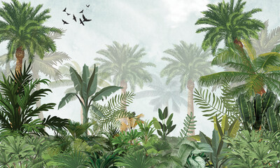 Subtle Nature Wall Mural: Faded Green Tropical Plants Background with Birds © csinie1