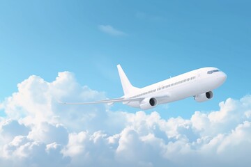 Obraz premium White airplane soaring through a bright blue sky with fluffy clouds, ideal for aviation-themed travel promotions and vacation ads