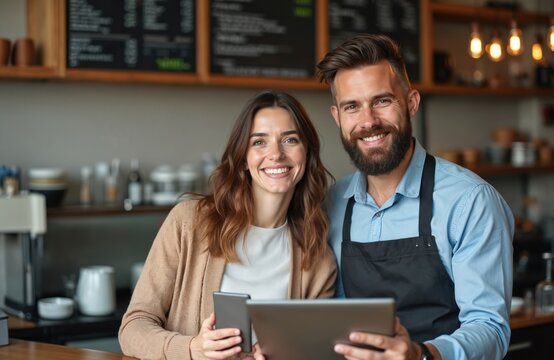 Smiling couple small business owners at cafe. Man and woman work together on tablet, smartphone. Positive teamwork, startup success concept. Owners reading reports. Happy people in restaurant.