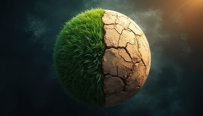 Fototapeta premium Visual of global challenges one half green, arid cracked earth. Environmental issues climate change, drought, global warming. Concept of sustainability, ecology, nature, earth, conservation,