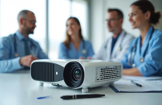 Video projector on table during medical conference with smiling doctors. Pro people team training, learning, presentation or lecture with modern digital technology. Healthcare meeting.